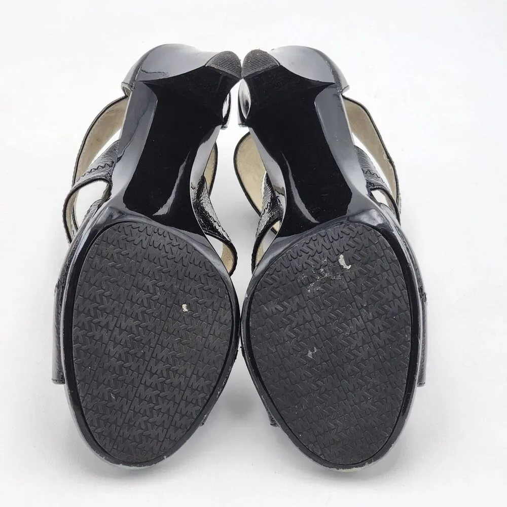 Michael Kors Zipper Patent Leather Strappy Peep Toe Heels Black Gold Size 8.5